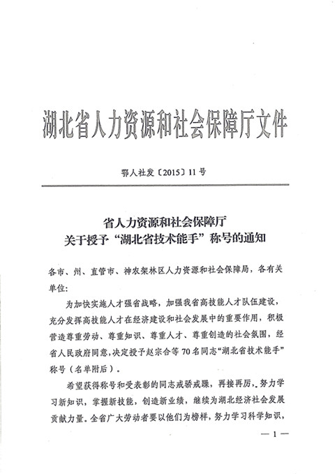 熱烈祝賀宜昌長機科技公司王濤同志獲湖北省技術能手榮譽稱號