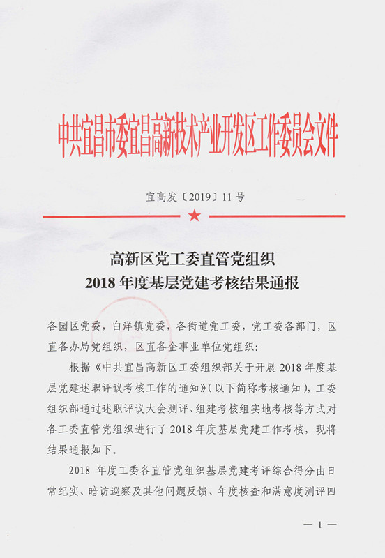 公司在高新區(qū)2018年度基層黨建考核中被評定為優(yōu)勝單位